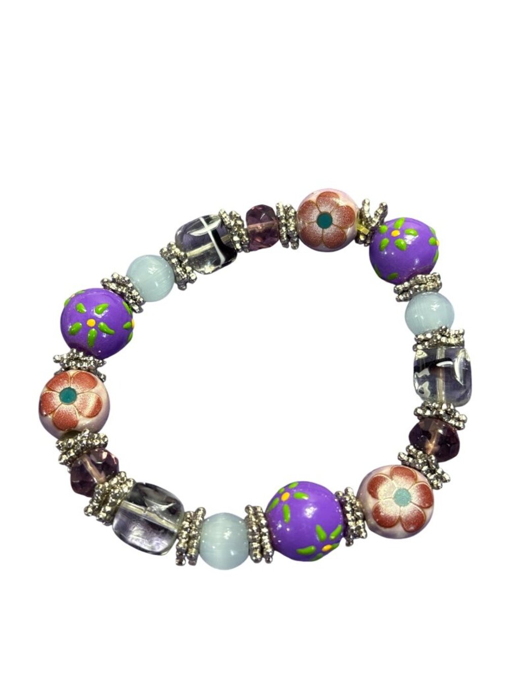 Roll On Floral Glass Beaded Bracelet White Cat's Eye Silvertone 6.5 inches